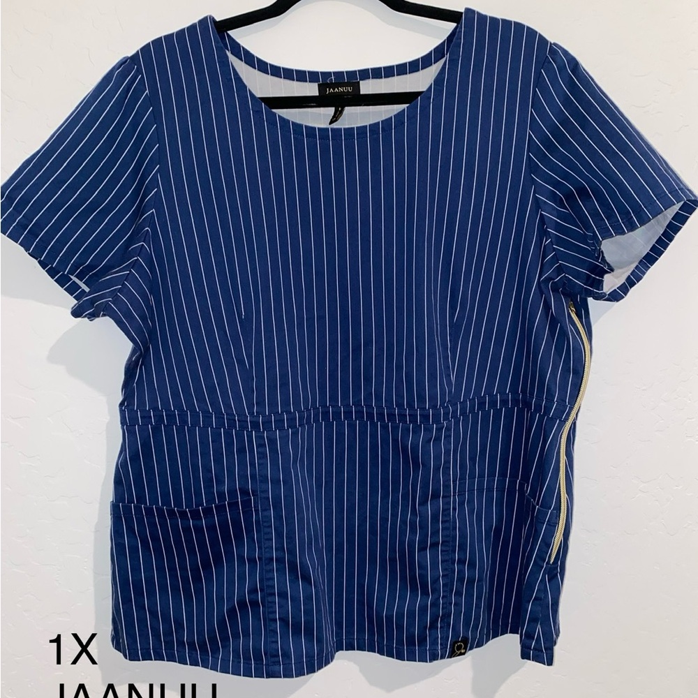 JAANUU Women's Blue Striped Scrub Top 1x